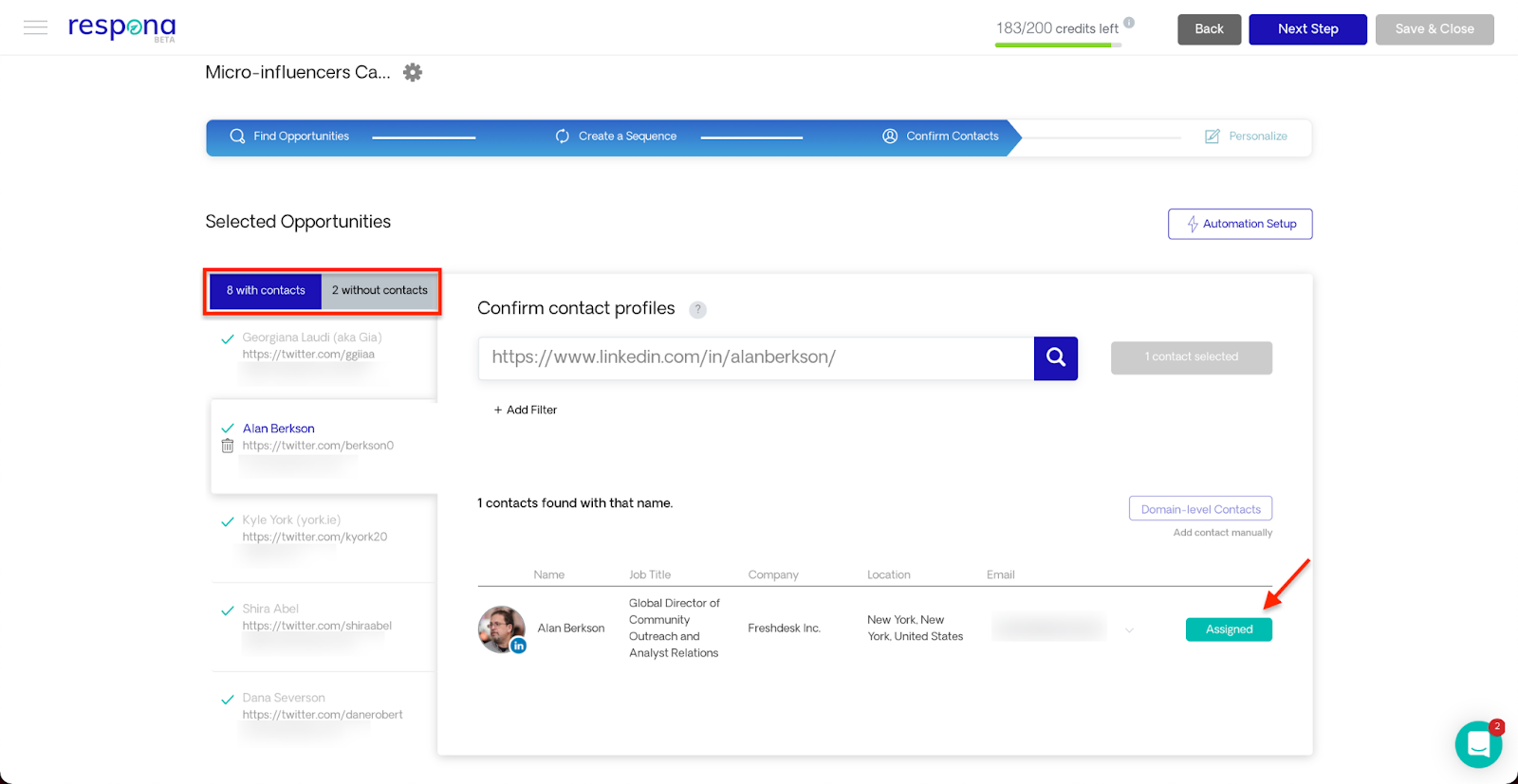 Assigned contact information