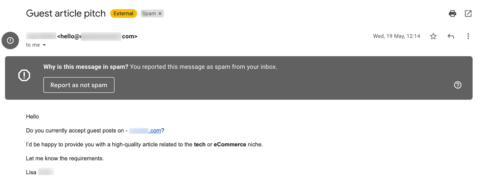 Spammy guest post pitch