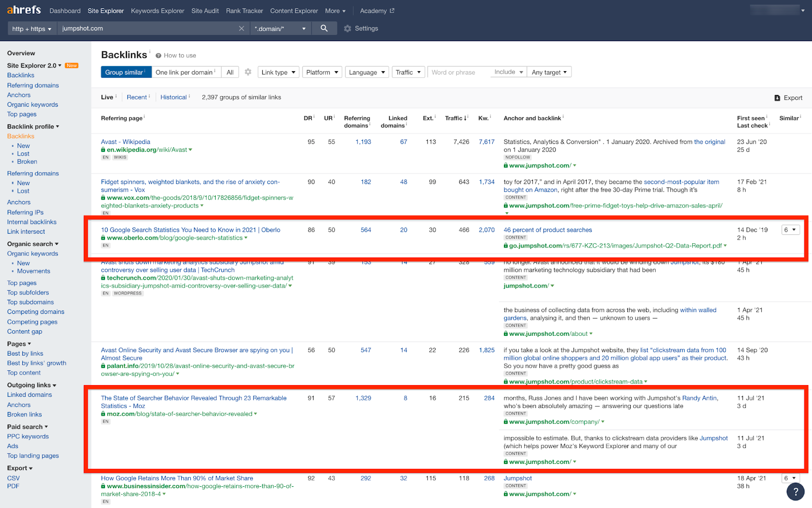 Broken link opportunities inside Ahrefs