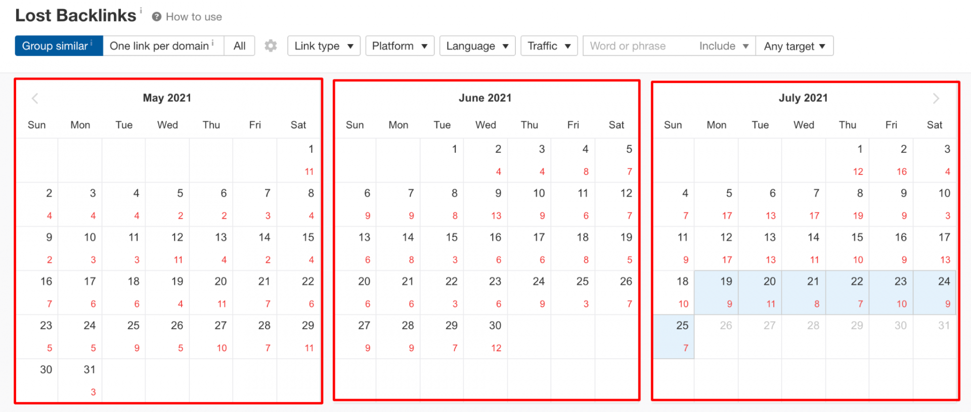 Lost backlinks calendar