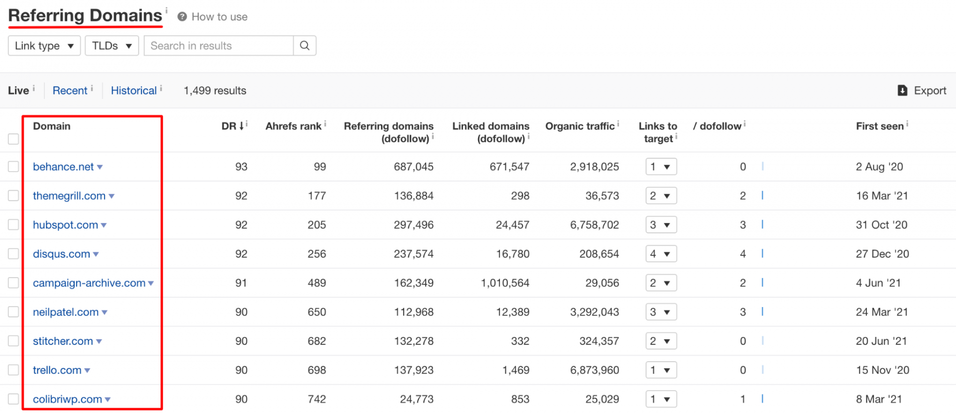 List of referring domains