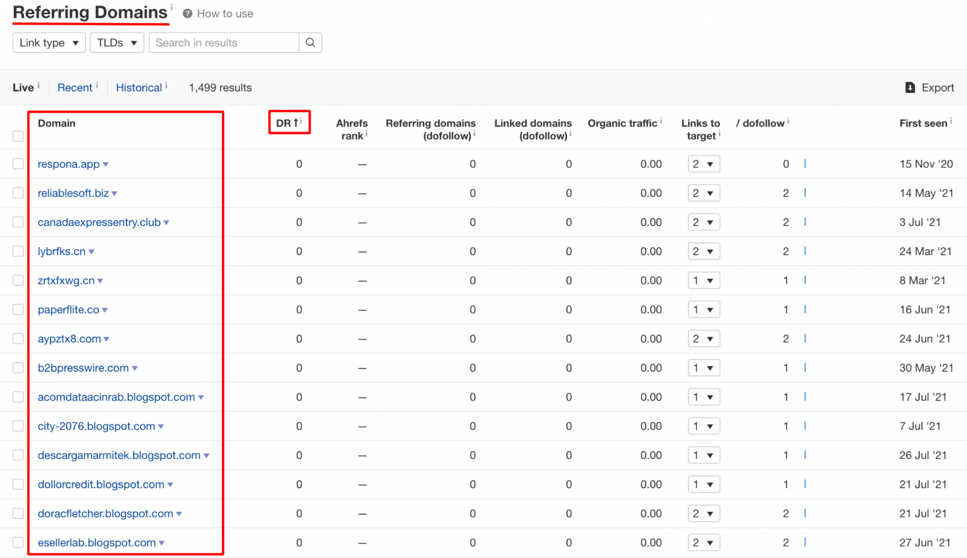 Sorting referring domains from lowest DR to highest