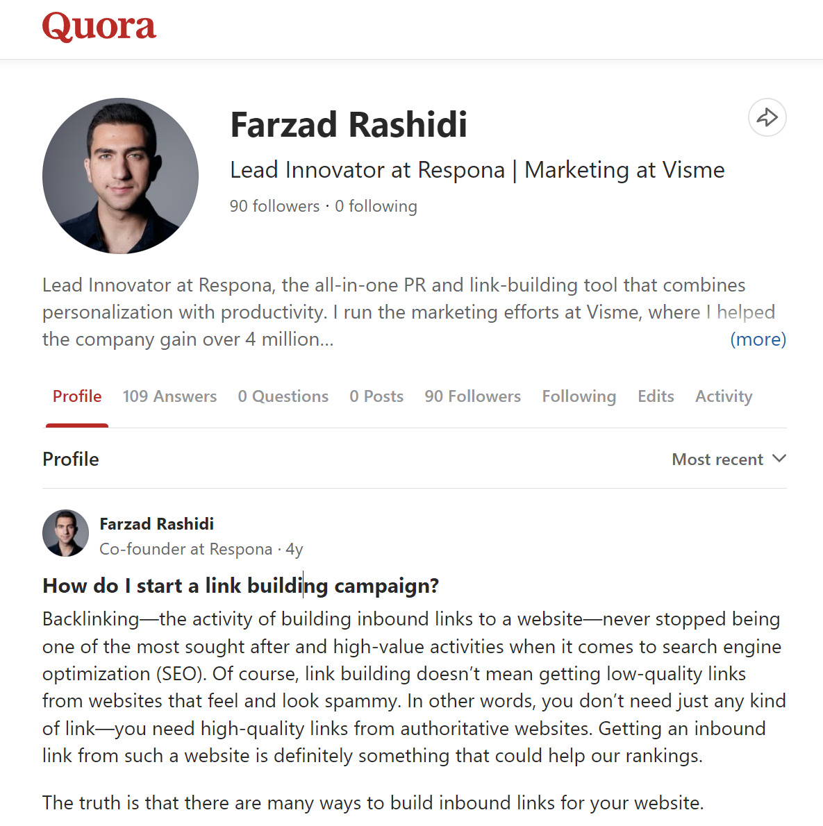 farzad rashidi quora profile used for tiered link building