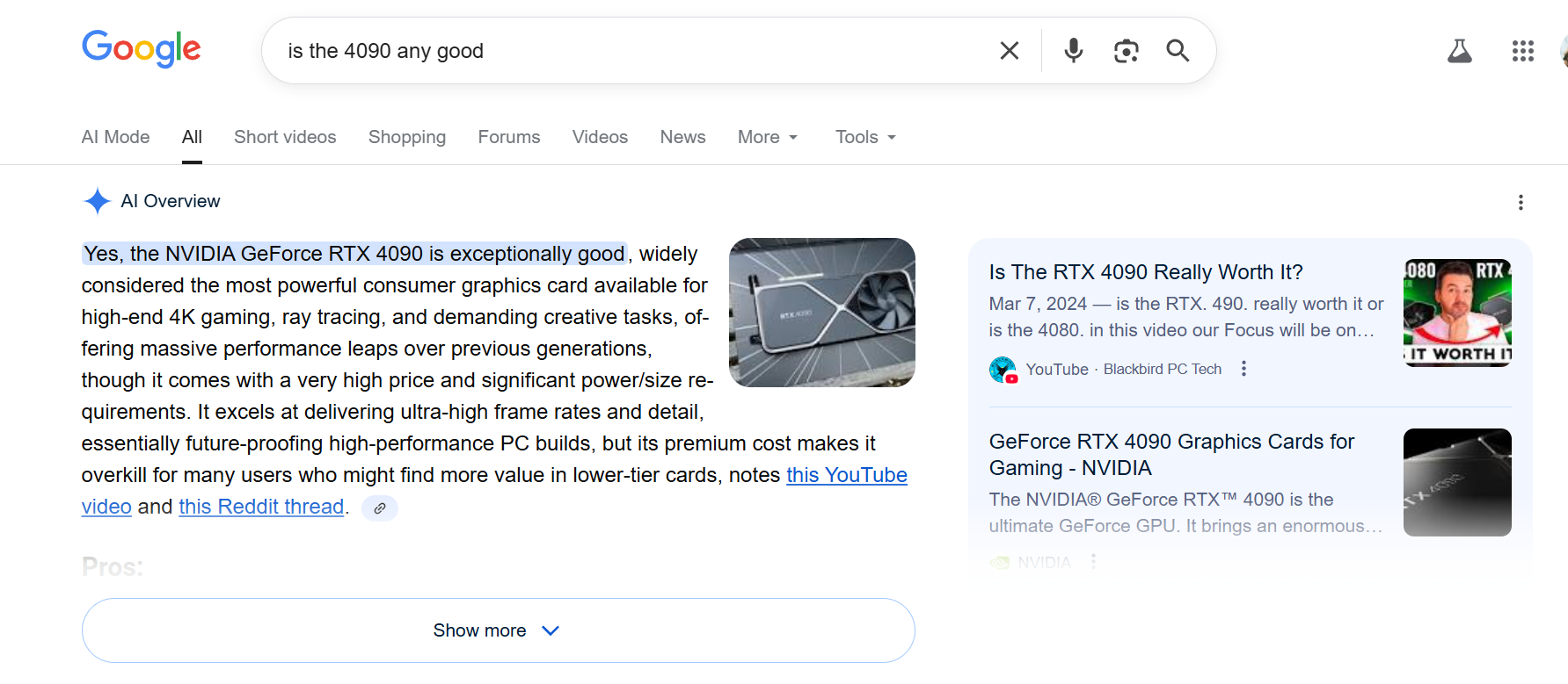 ai overviews answering questions about products