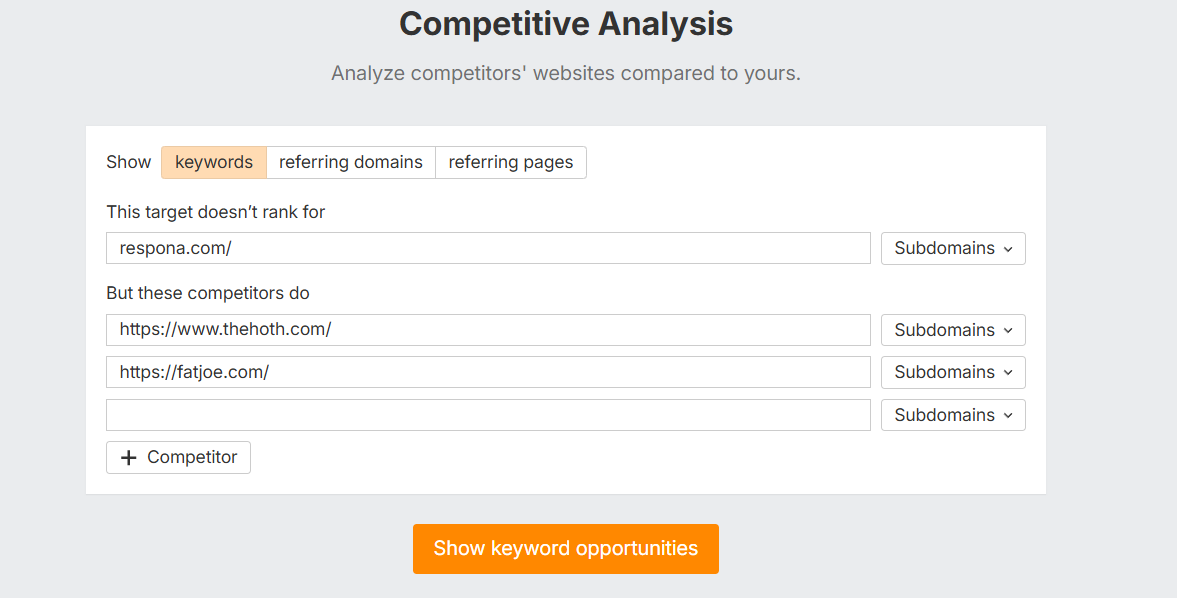 pasting competitors into ahrefs competitive analysis