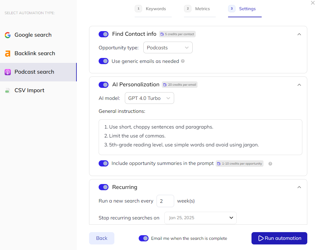 setting contact search, AI personalization and recurring campaign