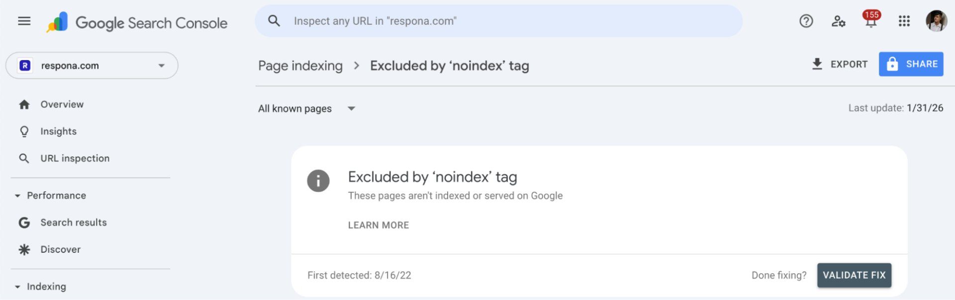 noindexed pages in google search console