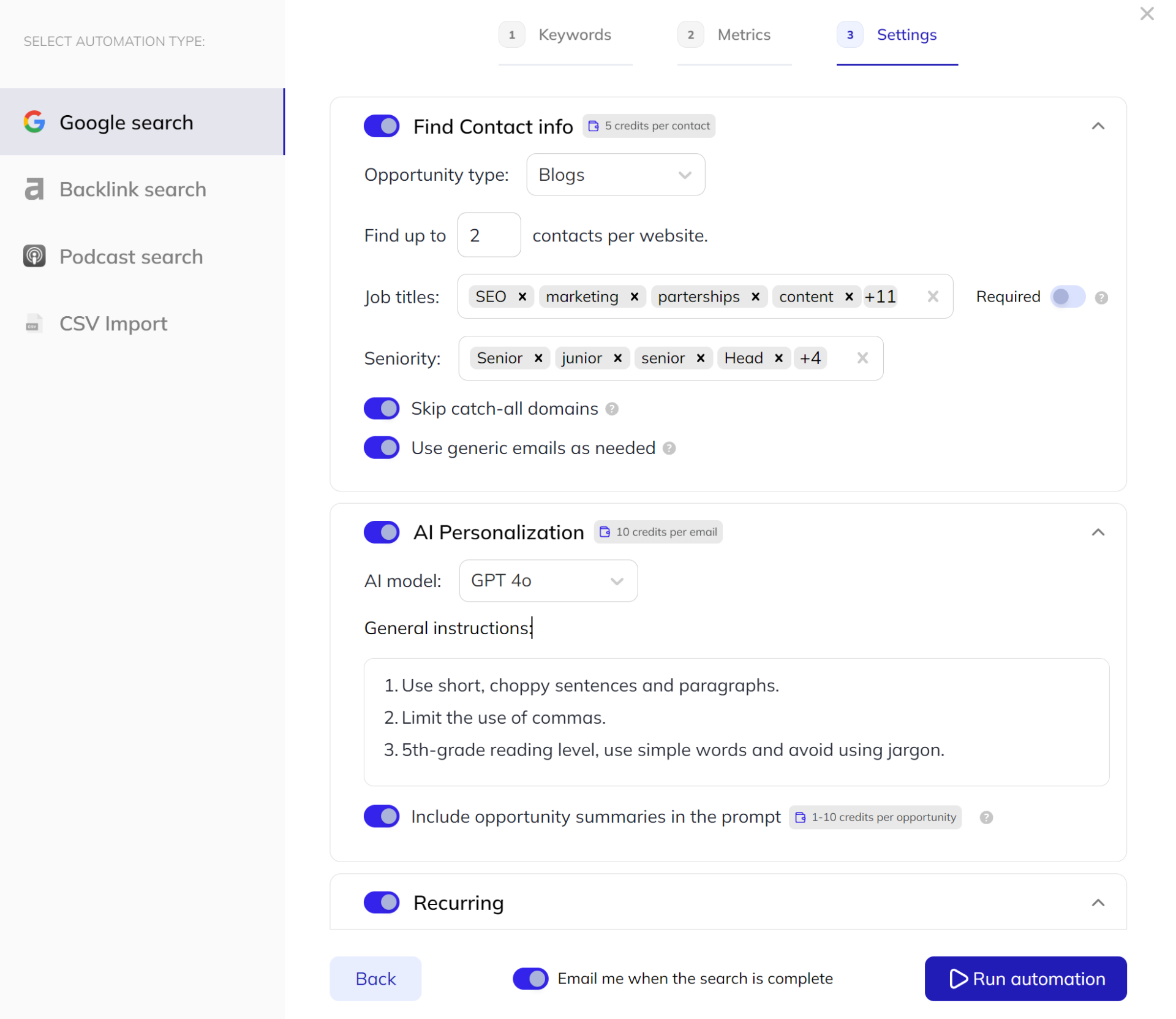 respona email finder, ai personalization and recurring search settings