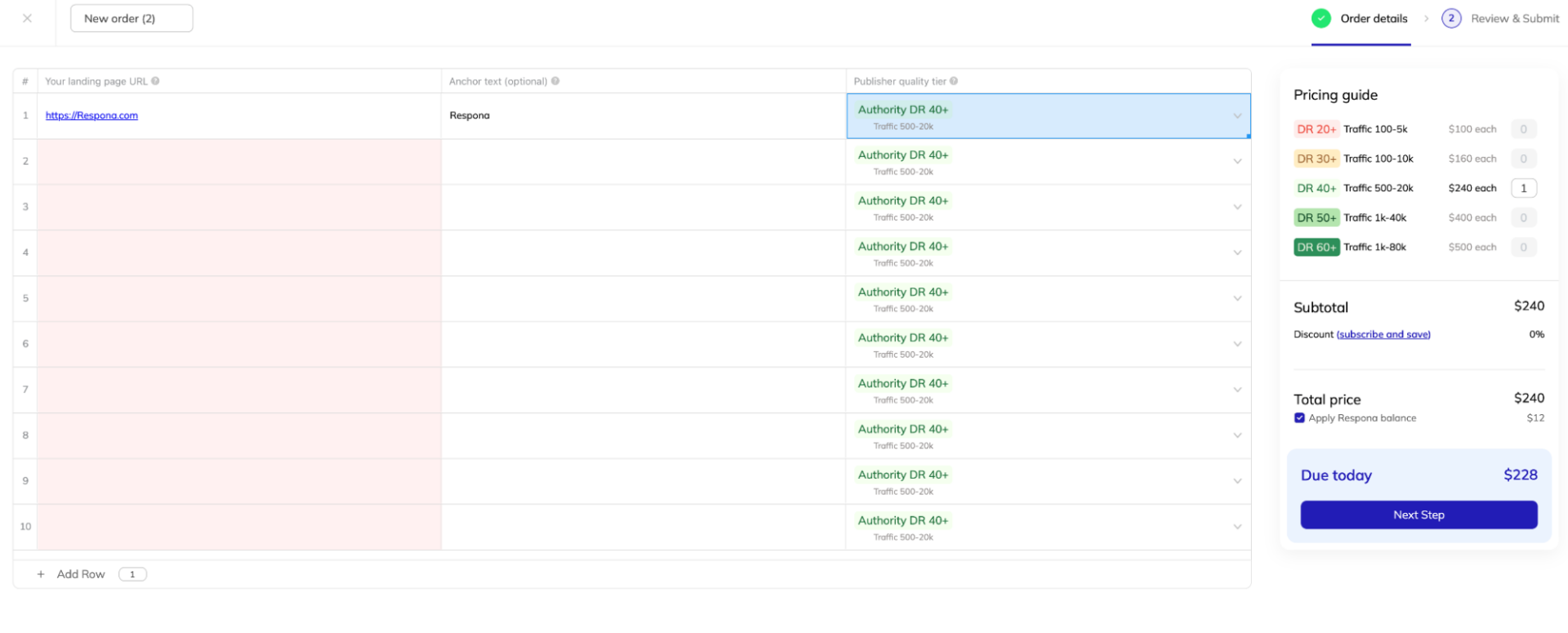 respona order interface