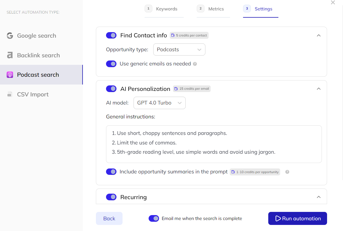 contact finder, AI personalization and recurring campaign settings