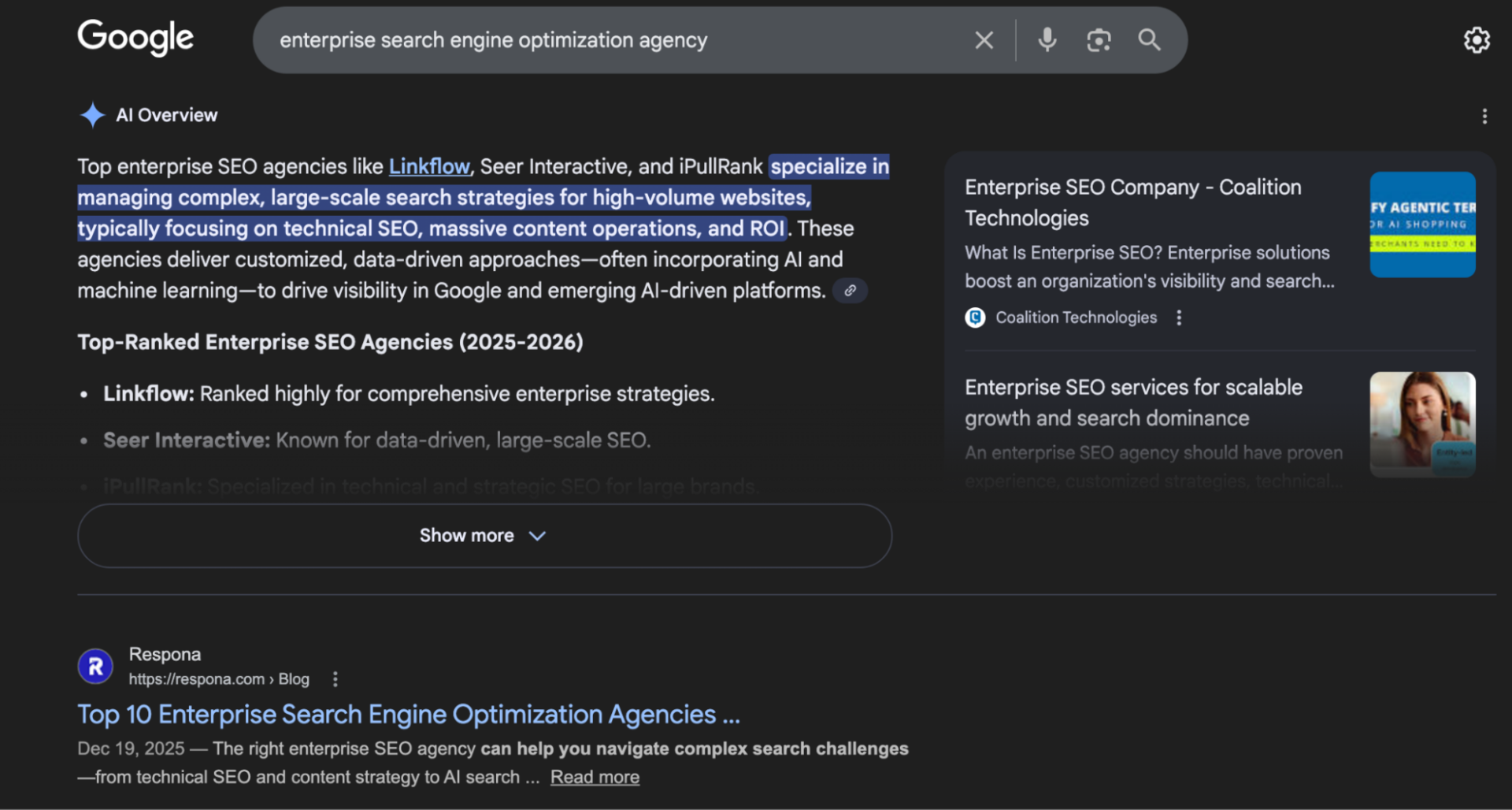 respona page ranking number one but still under the ai overview