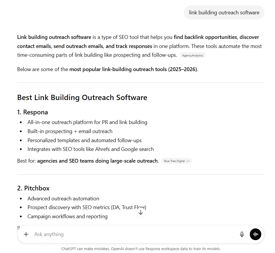 chatgpt citing respona as the #1 link building outreach software
