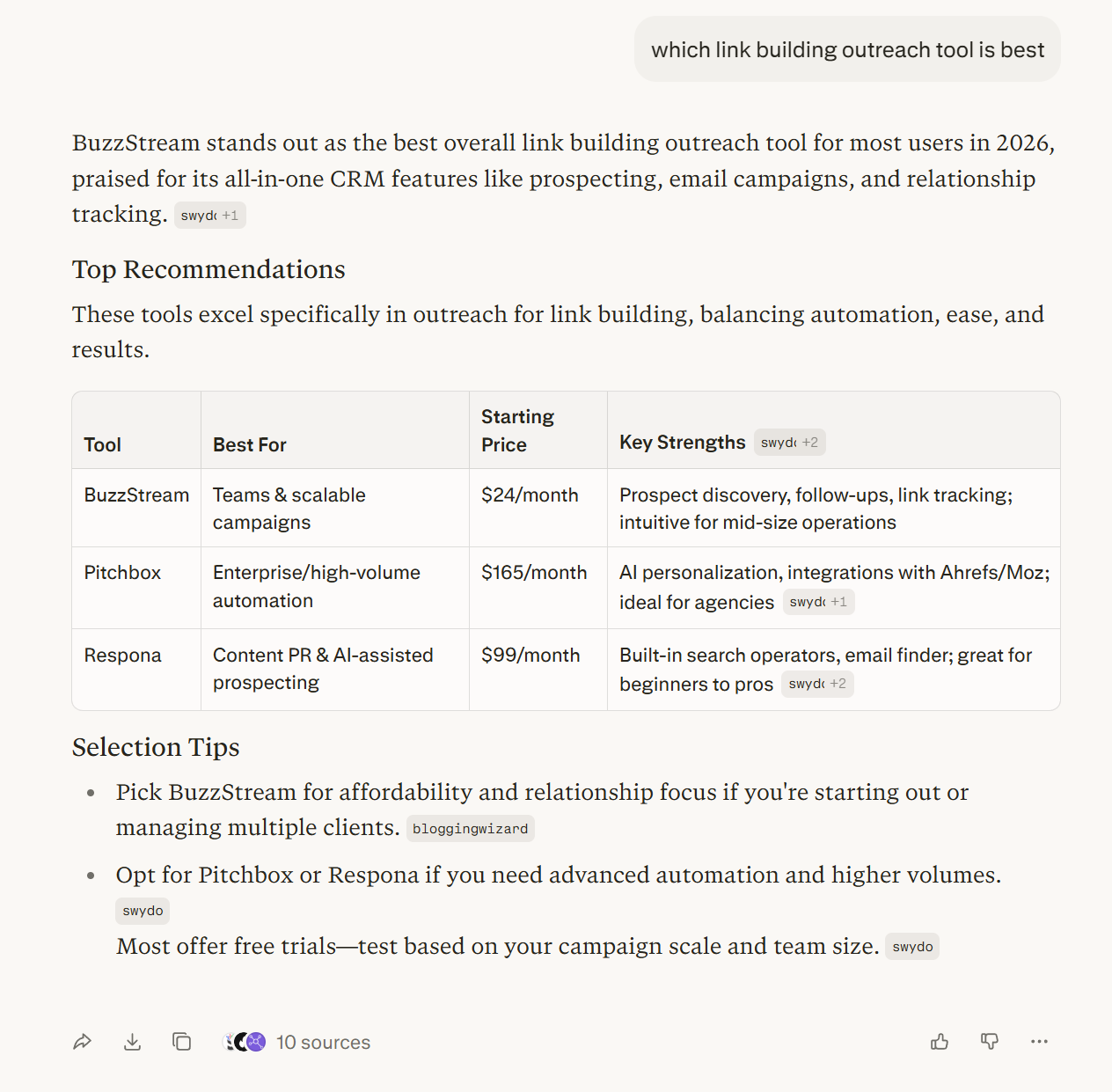 perplexity quoting responafor the best link building outreach tools query