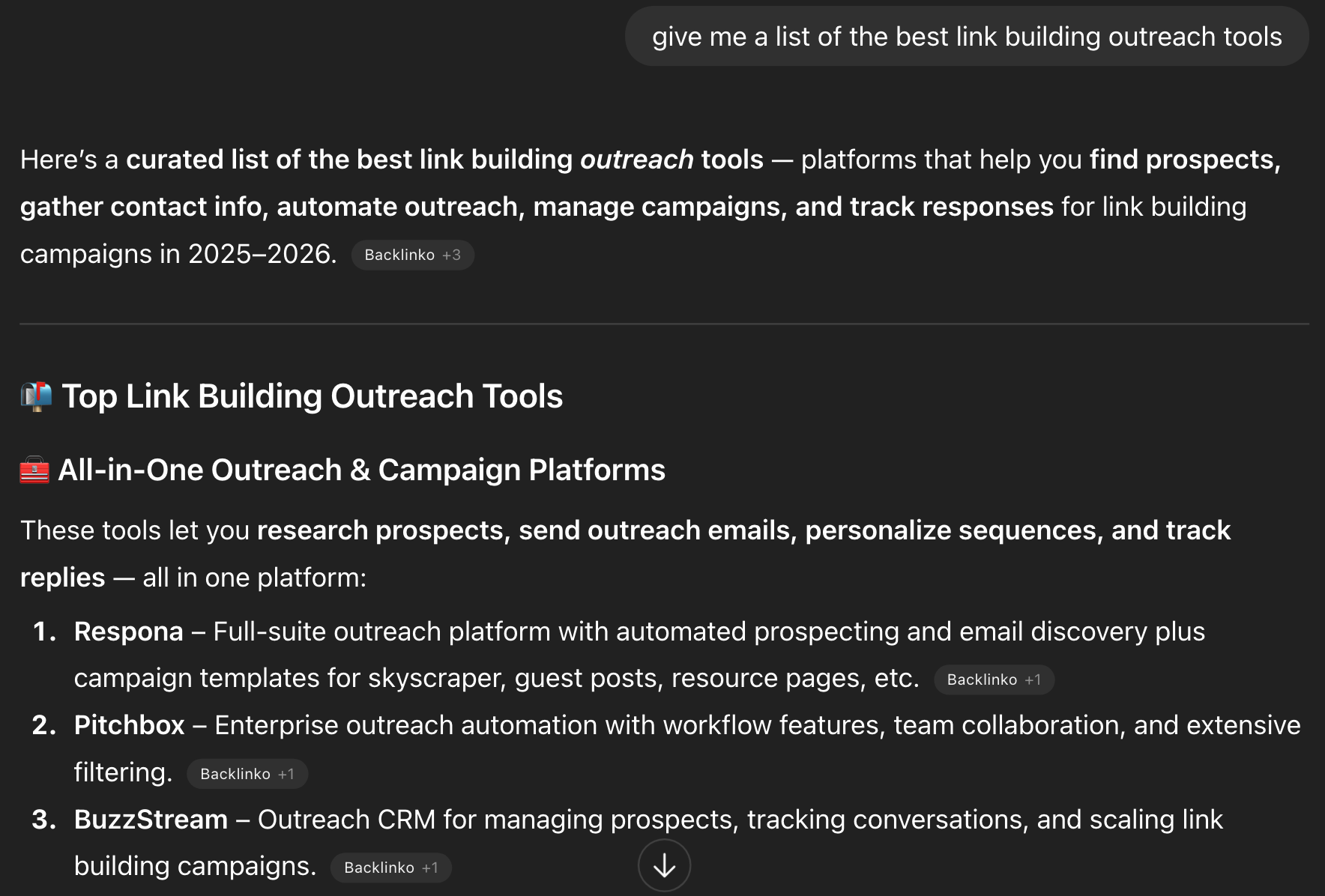 chatgpt citing respona for a best link building software query