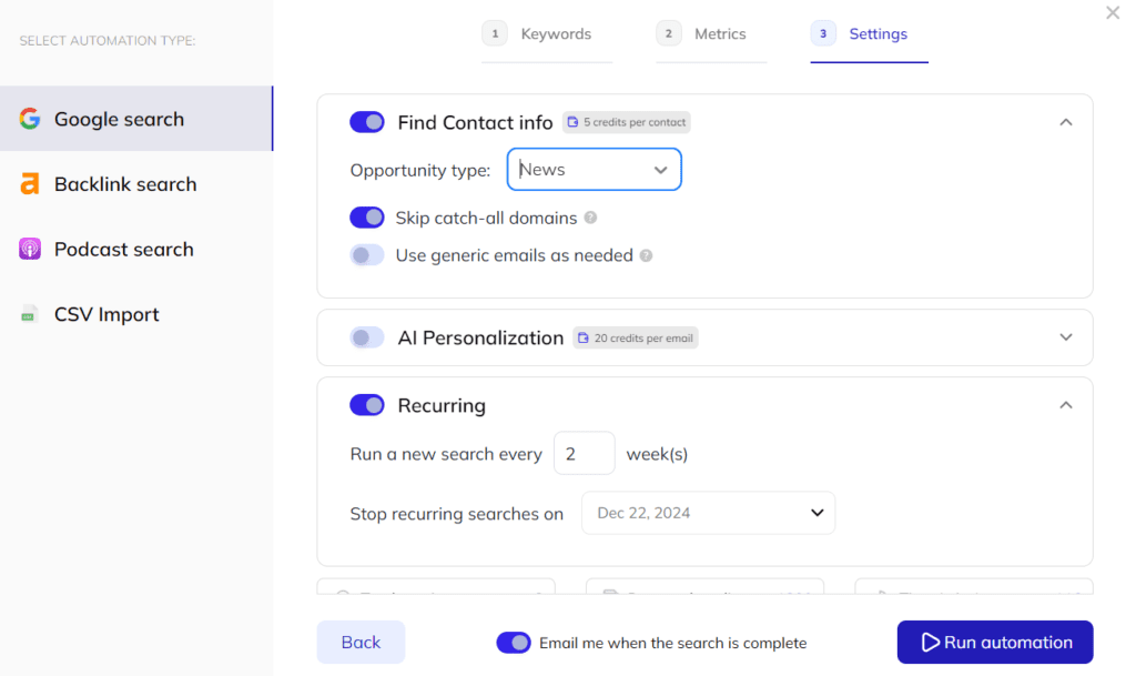 email finder, ai personalization and recurring search settings 