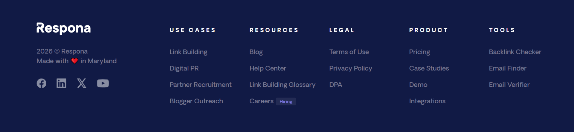 respona footer with internal links example