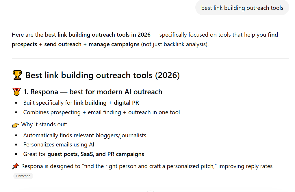 chatgpt quoting respona as the #1 link building outreach tool