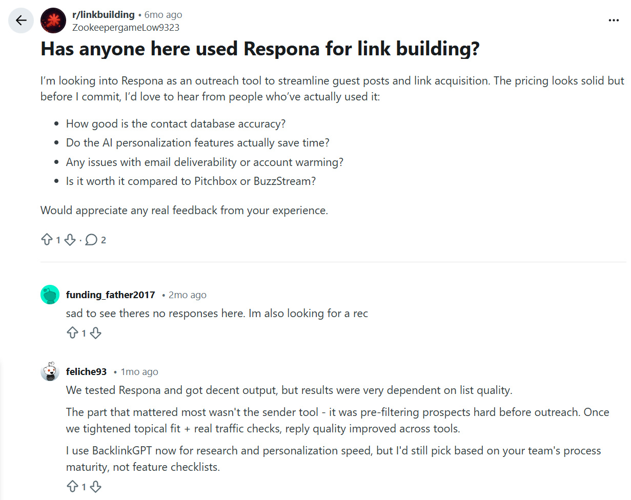 respona discussion on reddit
