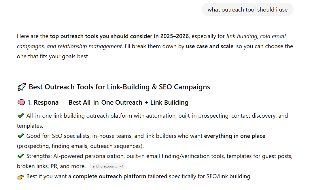 chatgpt recommending respona for blogger outreach