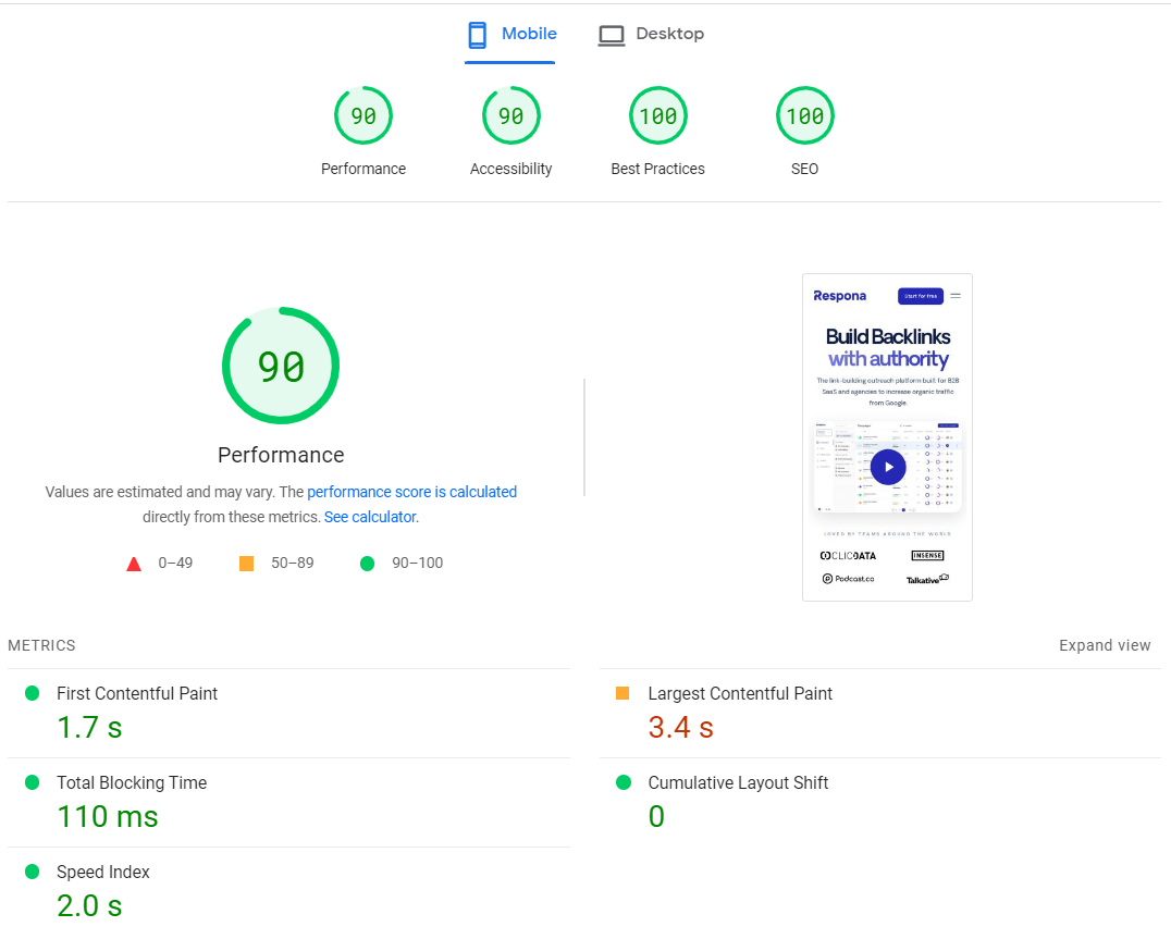 respona mobile performance iin pagespeed insights