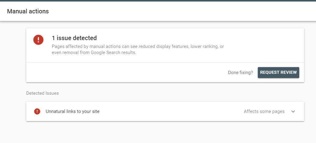 example of a manual action indicator in google search console