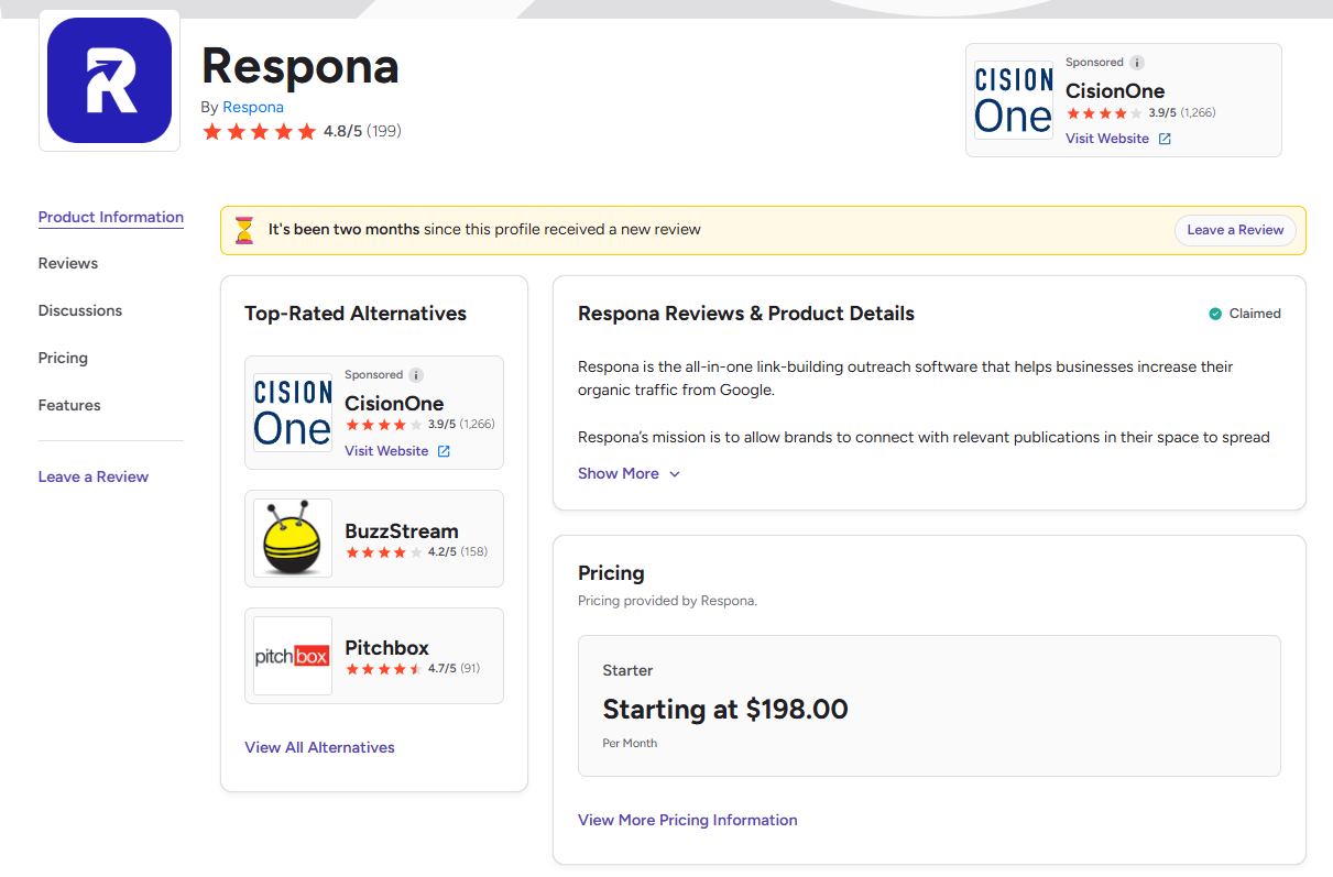 respona listing on g2