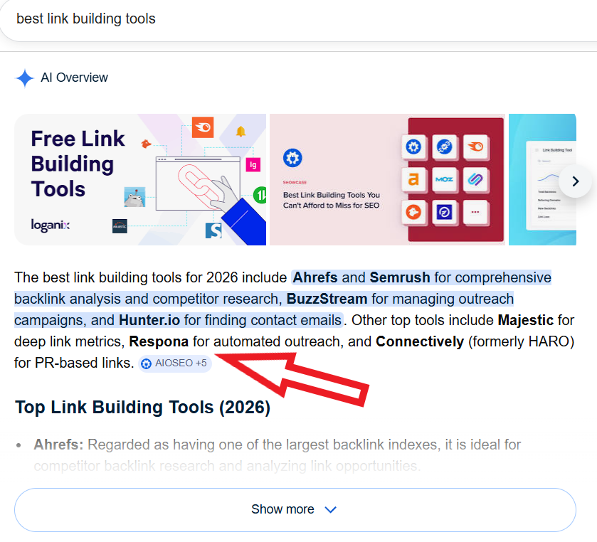 google ai overview citing respona as a link building tool