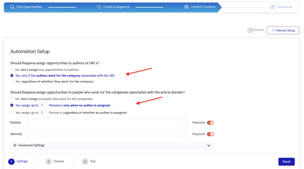 Setting up the contact automation