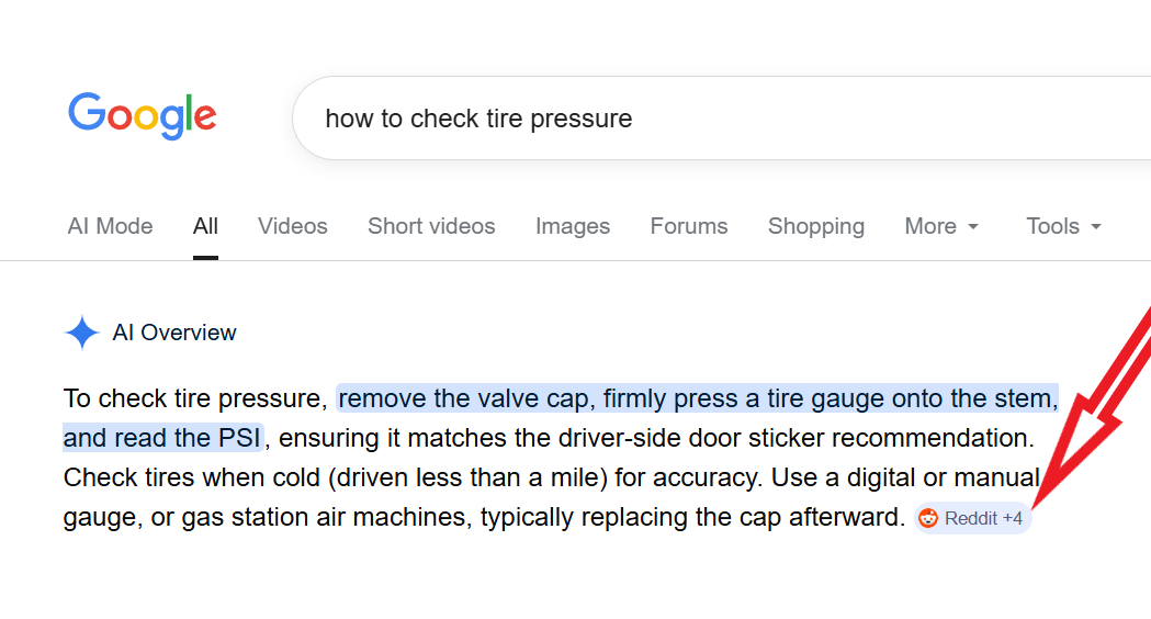google ai overview pulling from reddit for an informational query example