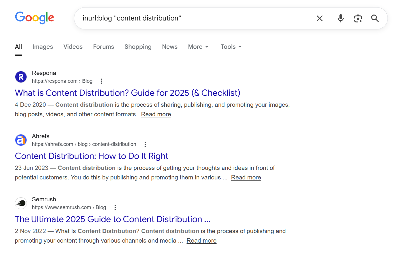 goolge search with inurl:blog search operator example